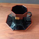 4 black tempered glass bowls Arcoroc OCTIME series, vintage, red border