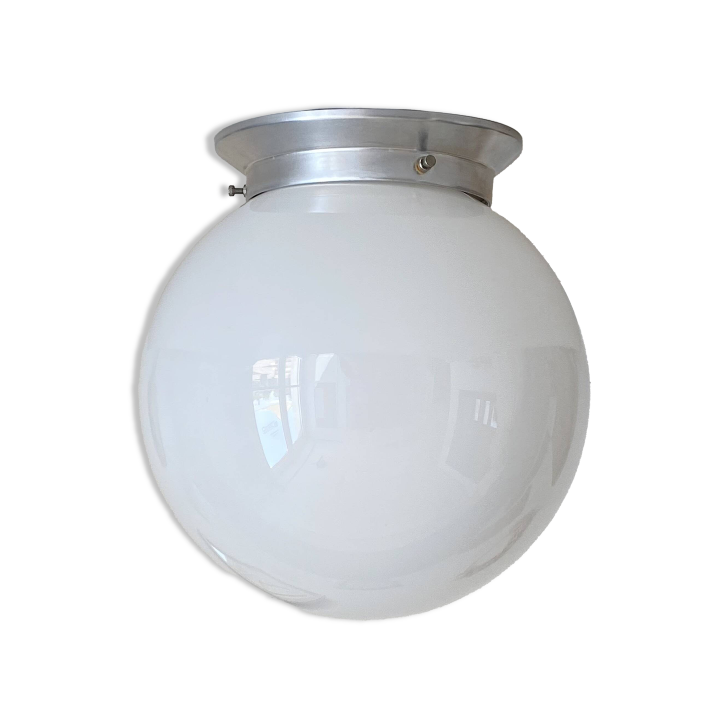 White opaline glass globe ceiling light, wall light, aluminum mounting