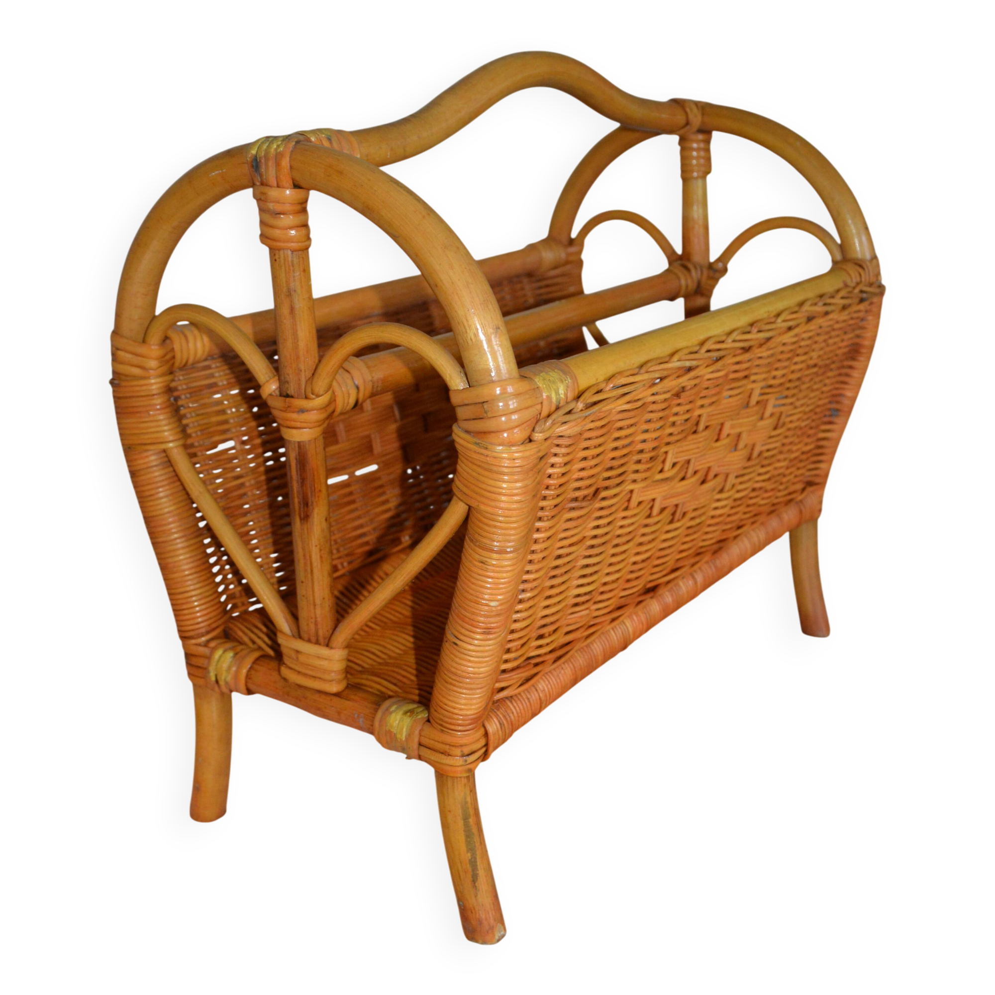 Vintage woven rattan magazine rack