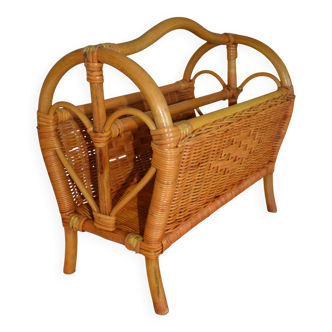 Vintage woven rattan magazine rack