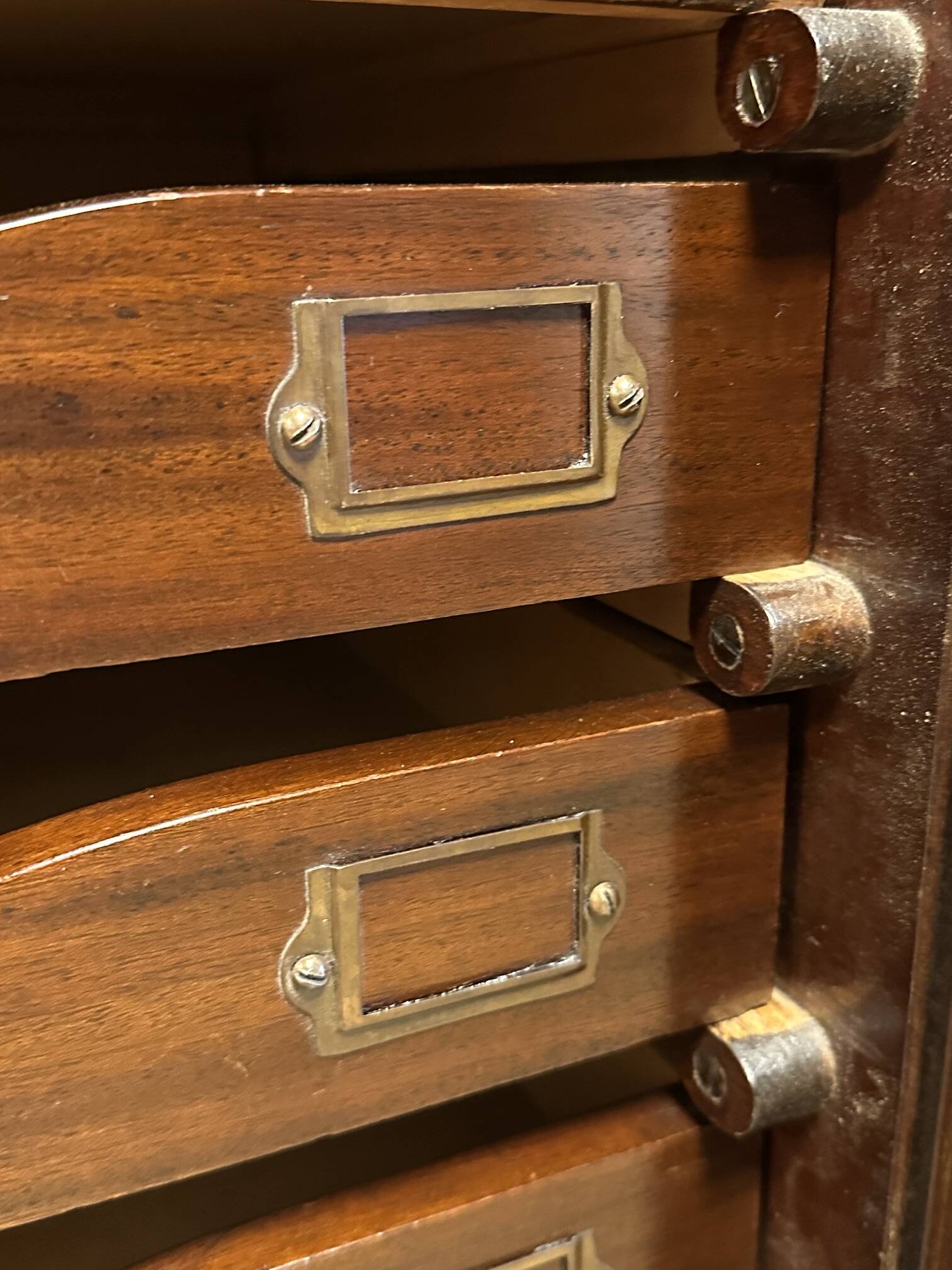 Antique mahogany roll-top filing cabinet with 10 drawers