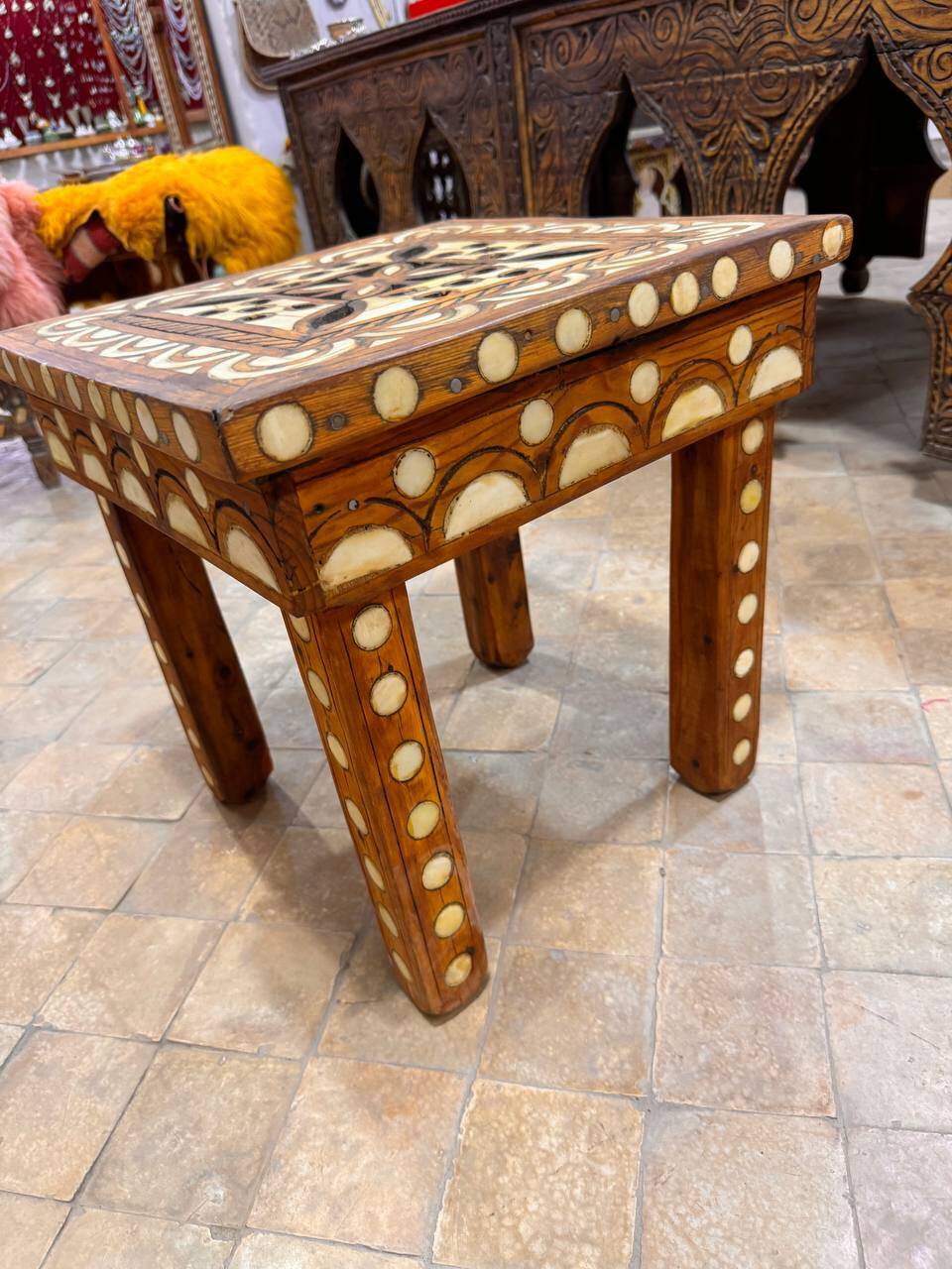 Moroccan camel bone marquetry wooden table for bedroom or living room