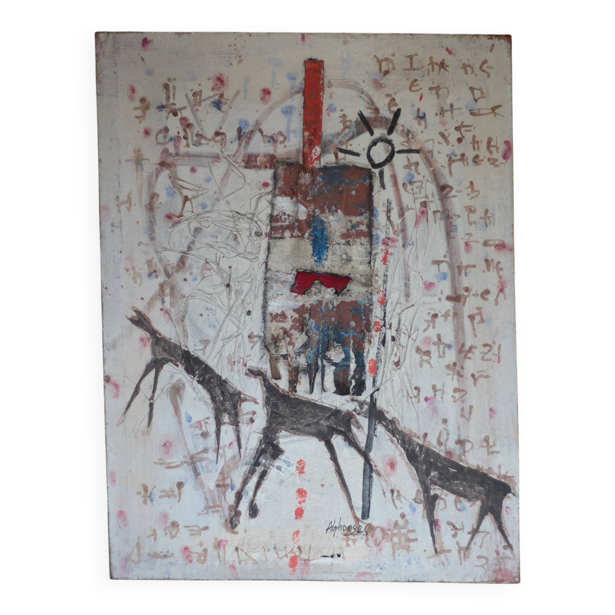 Signed table by Alphonse Sallah, The wolves have entered the city, technique