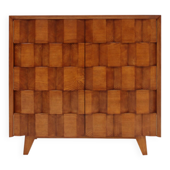 Mid Modern Style Faceted Oak Sideboard with Glass Shelf, Suitable as a Bar
