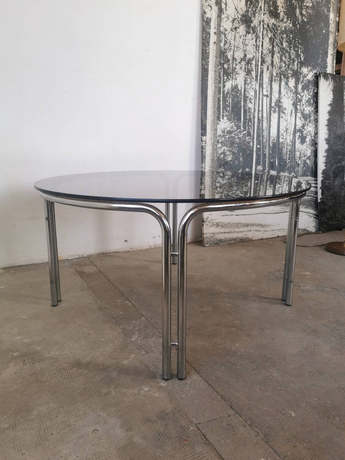 Round chrome and smoked glass coffee table