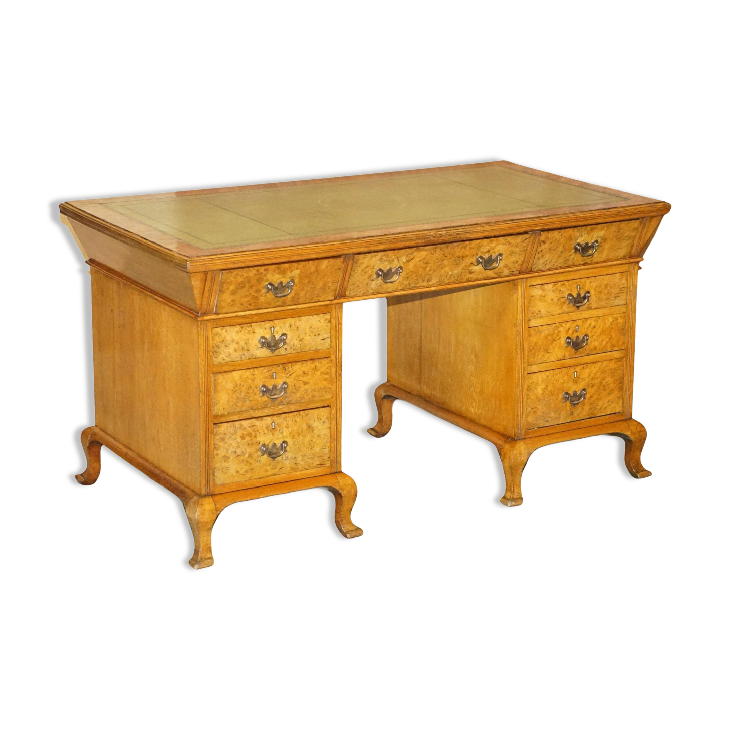 Bureau partenaire victorien en chêne pollard vers 1880 avec plateau en cuir
