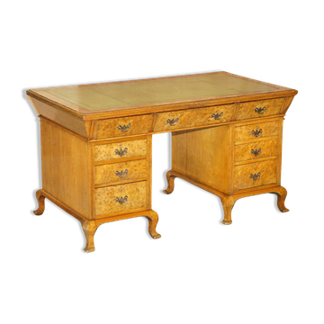 Bureau partenaire victorien en chêne pollard vers 1880 avec plateau en cuir