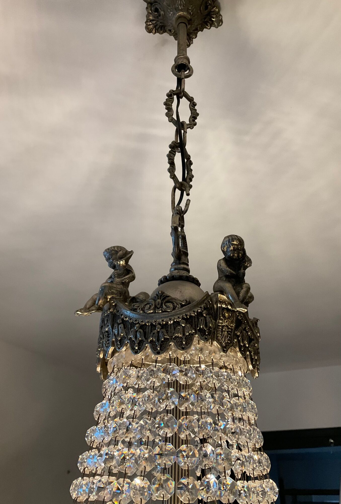 Old hot air balloon chandelier with crystal and bronze tassels