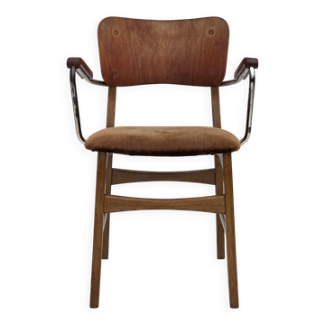 1960s, Danish armchair, furniture velour, teak wood armrests, chrome steel.