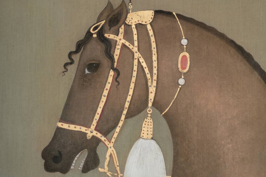 Painted canvas depicting a side view of an Indian horse. Contemporary work.