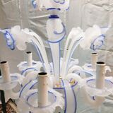 Lustre Murano en opaline blanche avec filets bleus 6 feux complet