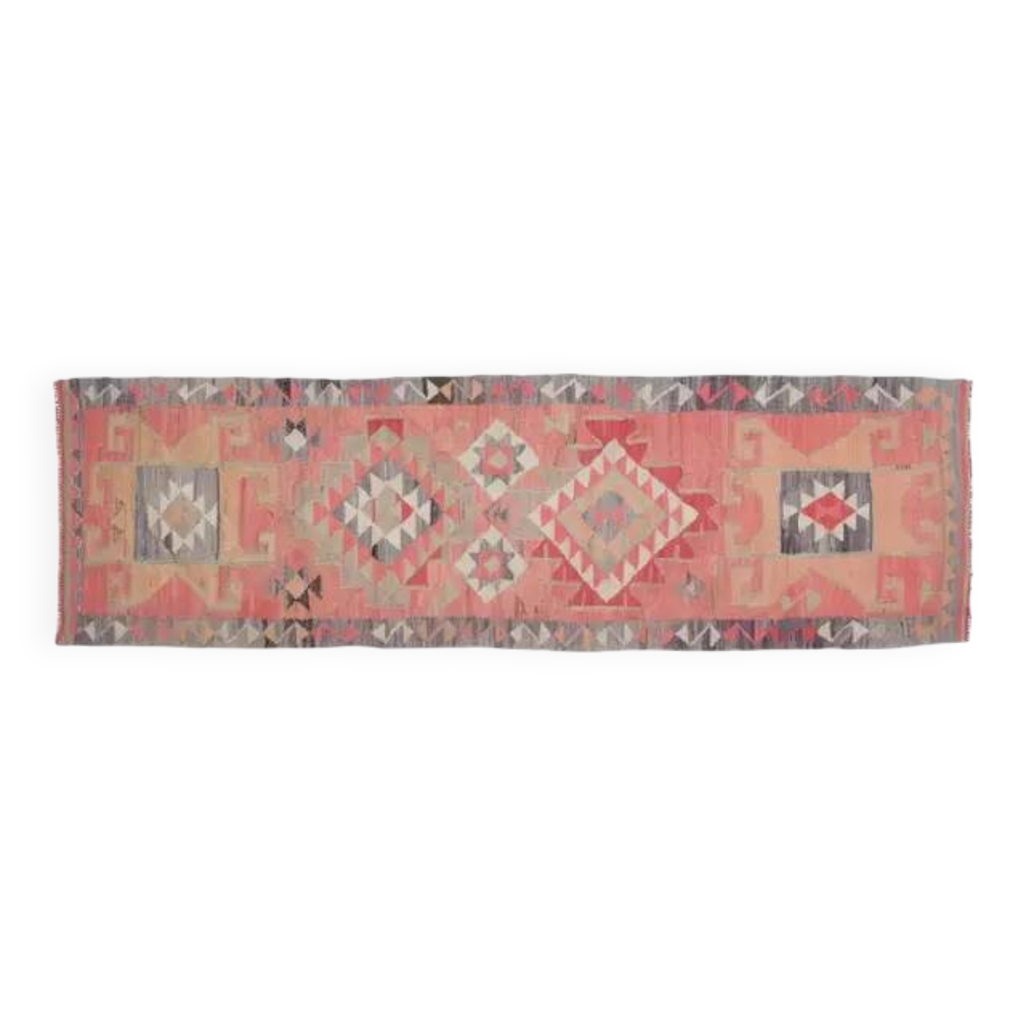 1970s Vintage Turkish Handmade Wool & Cotton Pink Runner Rug 94x306