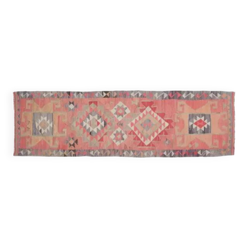 Tapis de couloir vintage turc fait main en laine et coton rose, années 1970