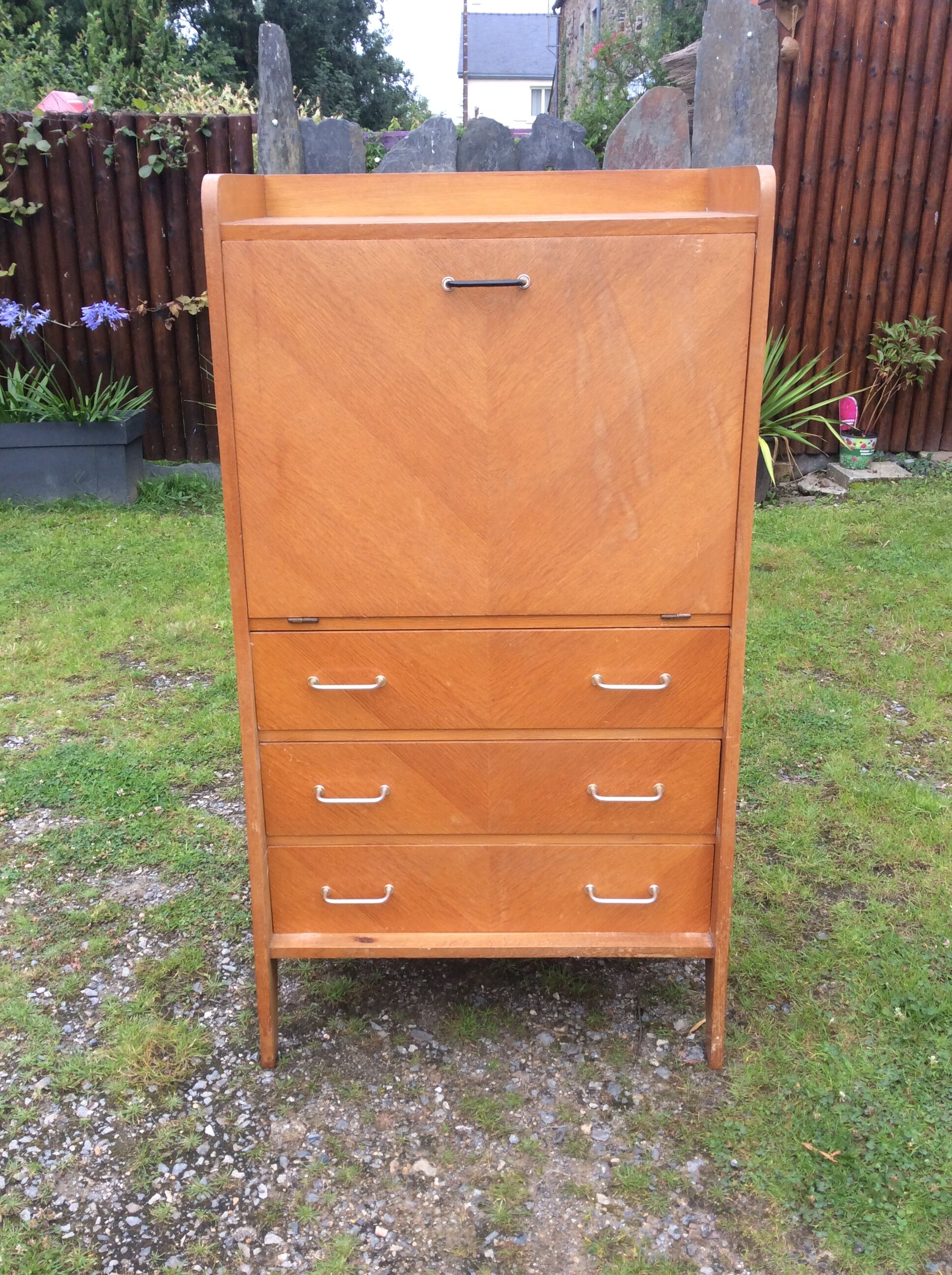Vintage secretary in oak with compass base