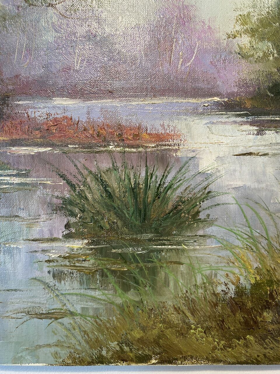 Old painting, landscape at the pond, signed Leroux, XX century