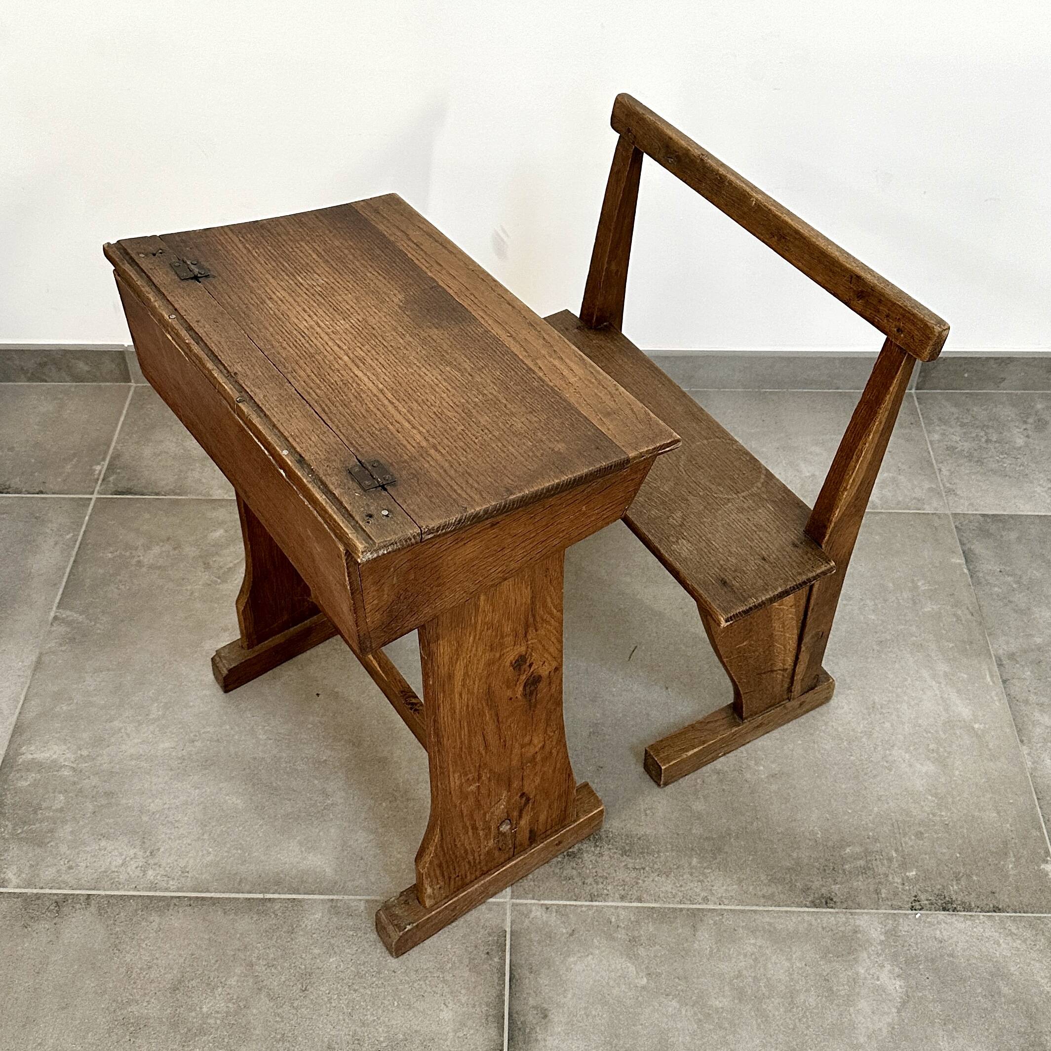Solid oak school desk - mid-20th century - freestanding bench