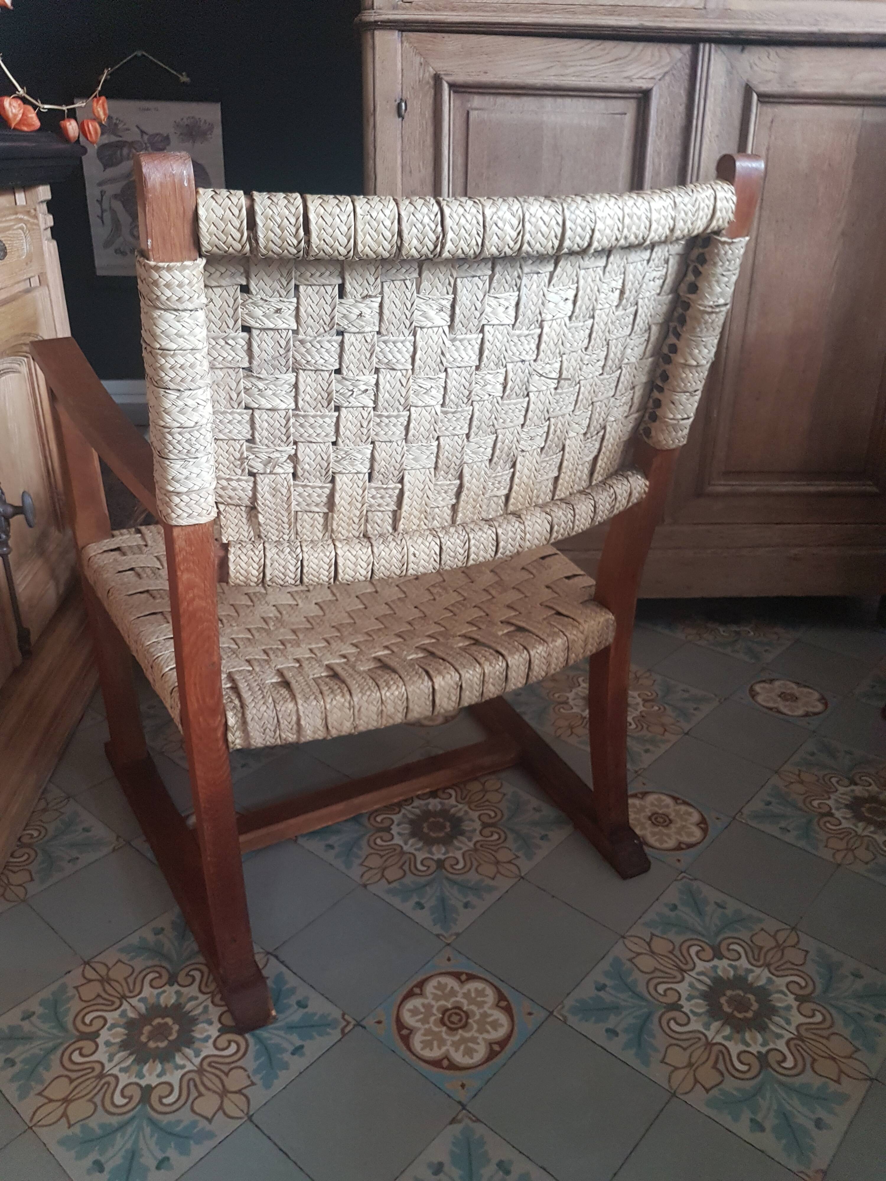 Armchair wood oak and braided rope bauhaus 1930