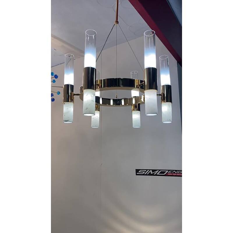 Contemporary Gold Ring Chandelier With Gradient White and Carrara Marble Glasses by Simoeng