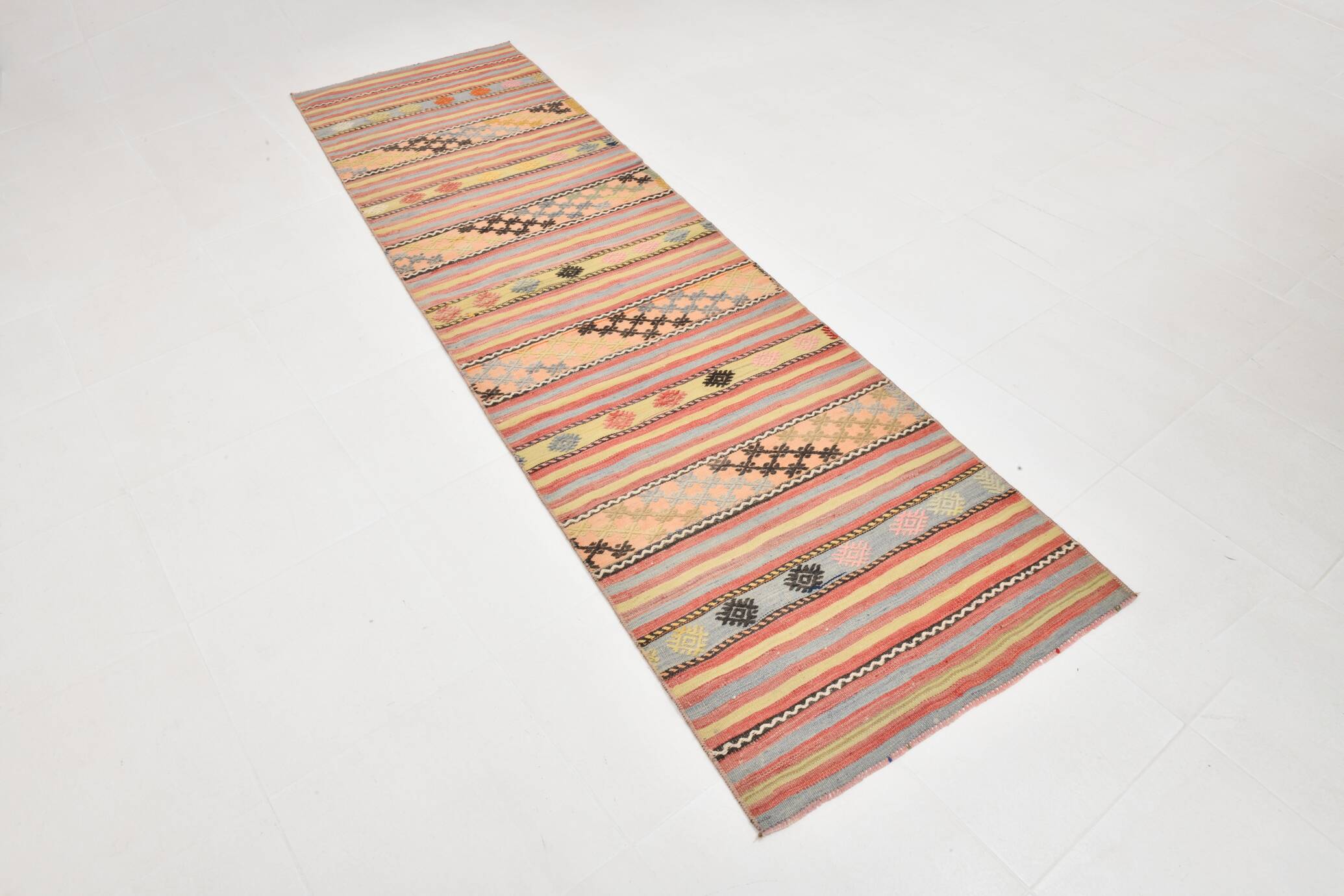 3x0 Blush Pink & Blue Striped Vintage Kilim Runner, Rugs For Bohemian Entry