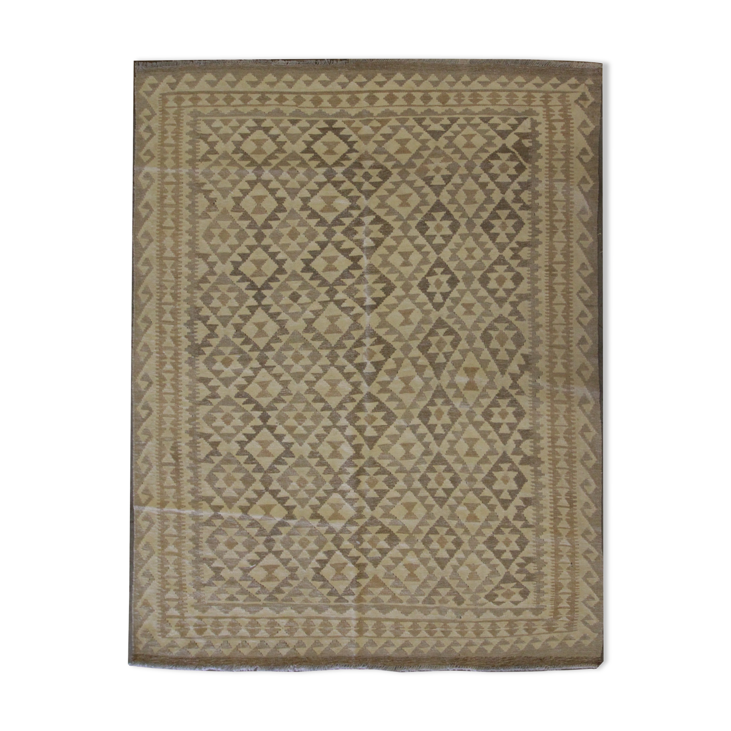 Beige cream scandinavian style kilim handmade flat-woven wool area rug- 198x155cm