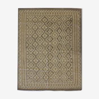 Beige cream scandinavian style kilim handmade flat-woven wool area rug- 198x155cm