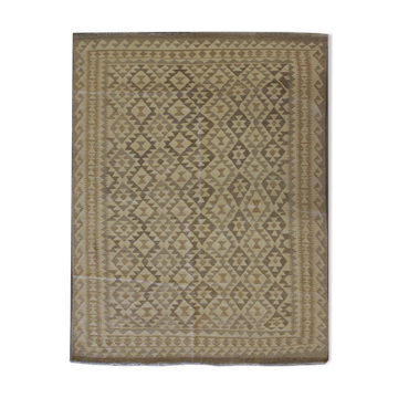 Beige cream scandinavian style kilim handmade flat-woven wool area rug- 198x155cm