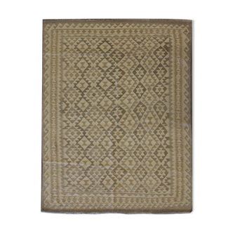 Beige cream scandinavian style kilim handmade flat-woven wool area rug- 198x155cm