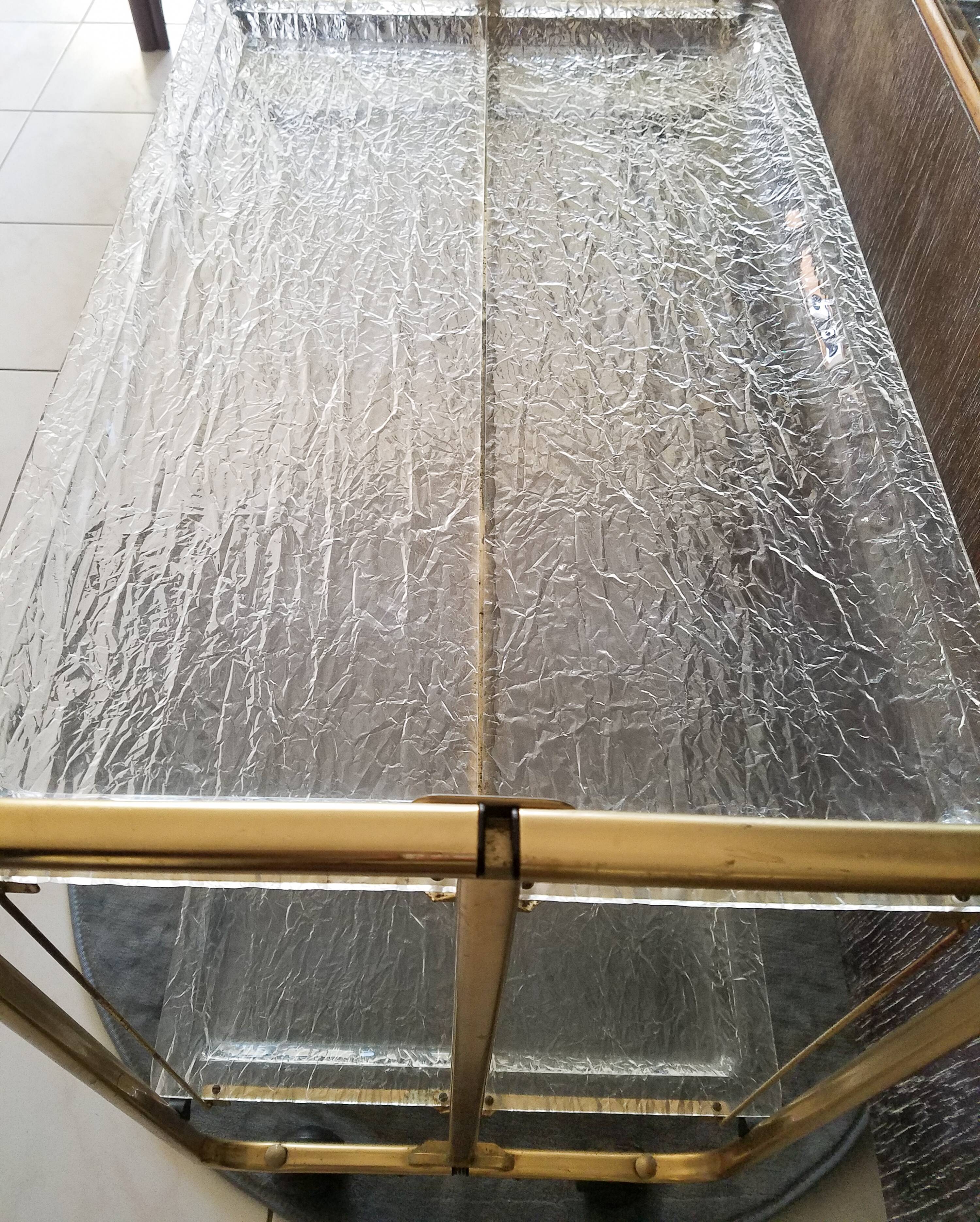 Gold-plated aluminum and structured lucite serving trolley circa 1970