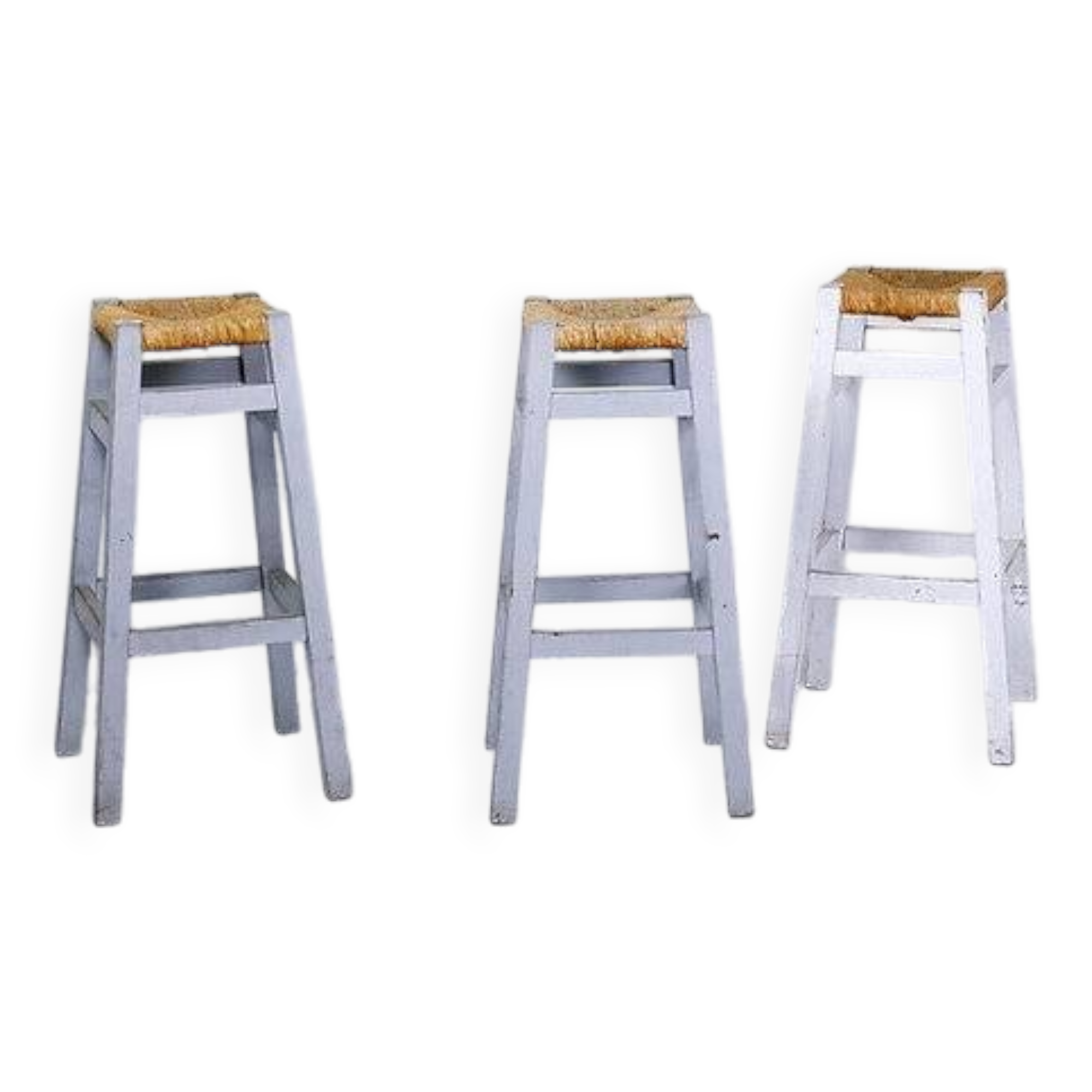 Ensemble de 3 tabourets de bar en jonc avec cadre en bois
