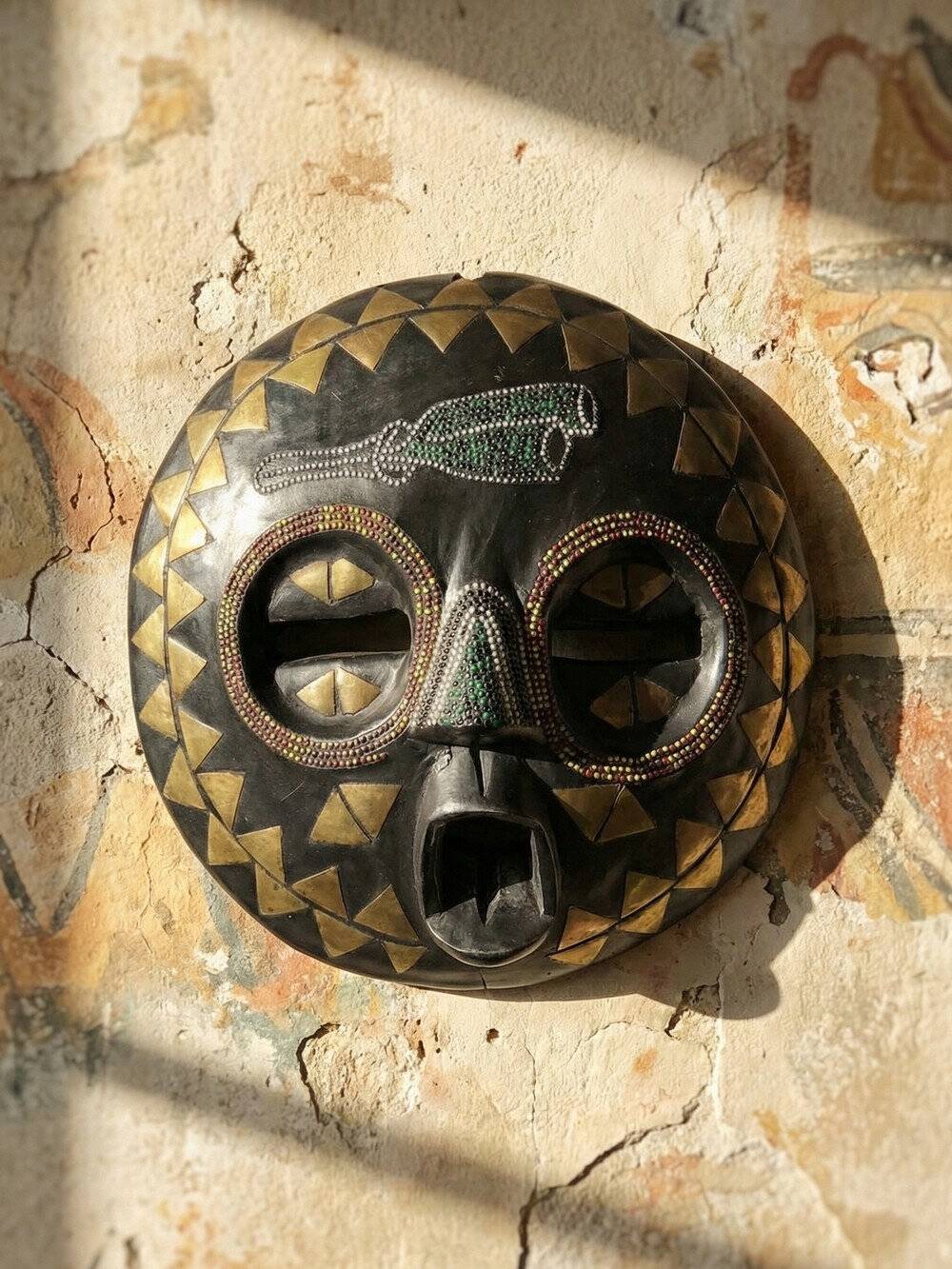 African moon mask, Luba/Baluba, DR Congo, carved wood, beads.