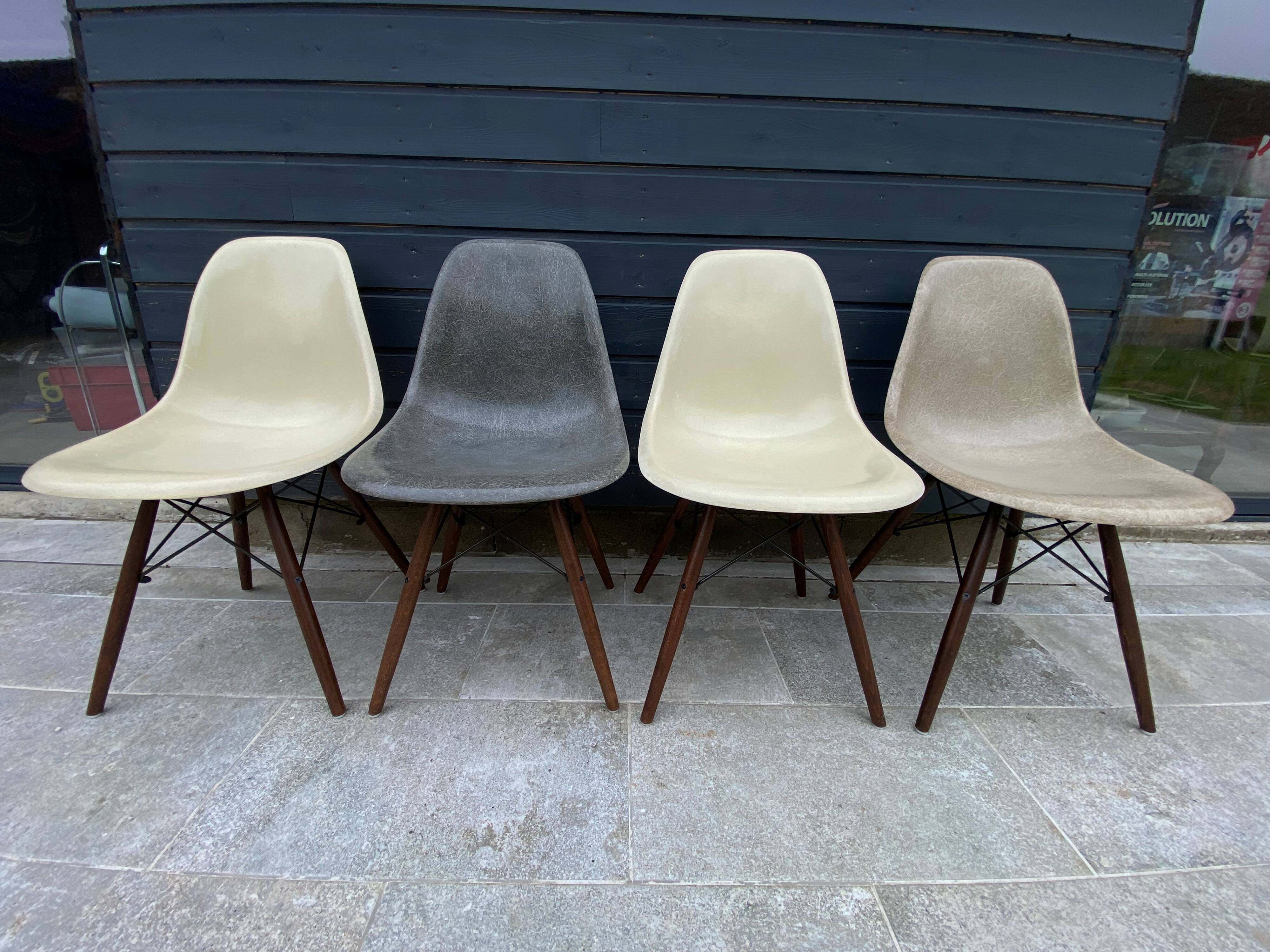 Lot of 4 DSW chairs in walnut fiber by Eames Herman Miller, vintage