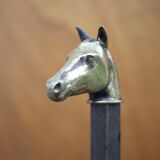 Vintage fireplace andirons, pair of cast iron animal andirons, brass horse head