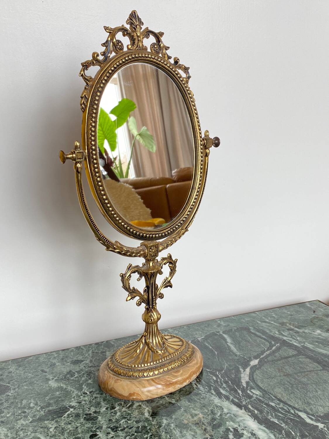 Miroir de Table Victorien Vintage en Laiton sur Base en Marbre, 1950s