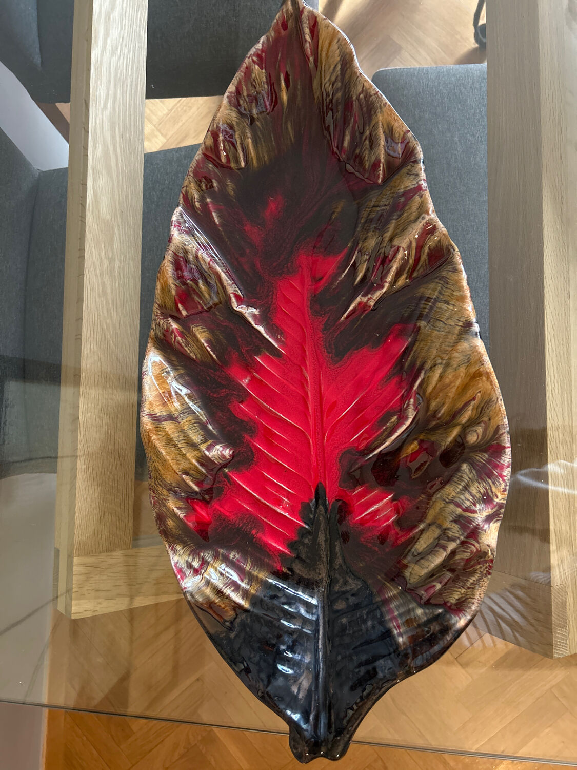 Large ceramic slipware leaf platter