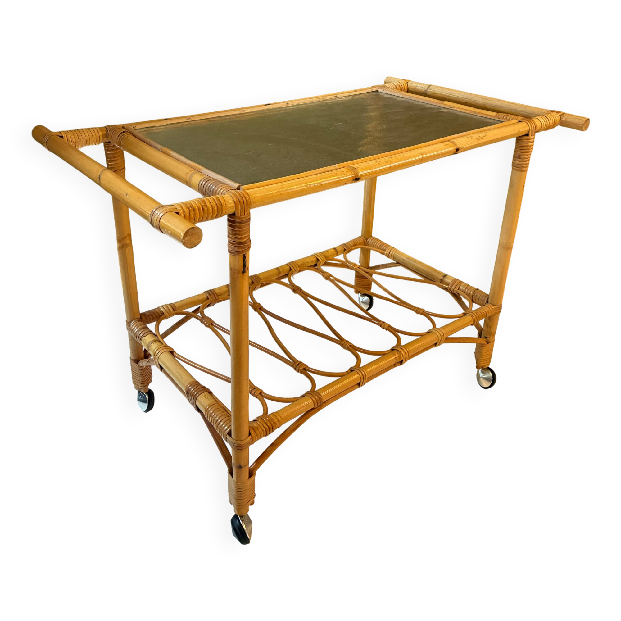 Trolley / Rolling cart in rattan and glass, 1960s