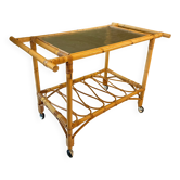 Trolley / Desserte roulante en rotin et verre , Années 1960