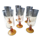 6 Luminarc champagne flutes with amber stem, 1970s