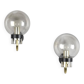 Pair of brass and blown glass wall lights, Glashütte Limburg