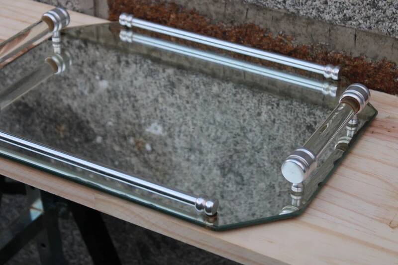 Vintage mirrored tray with glass and metal handles – H5 × W39 × D30 cm