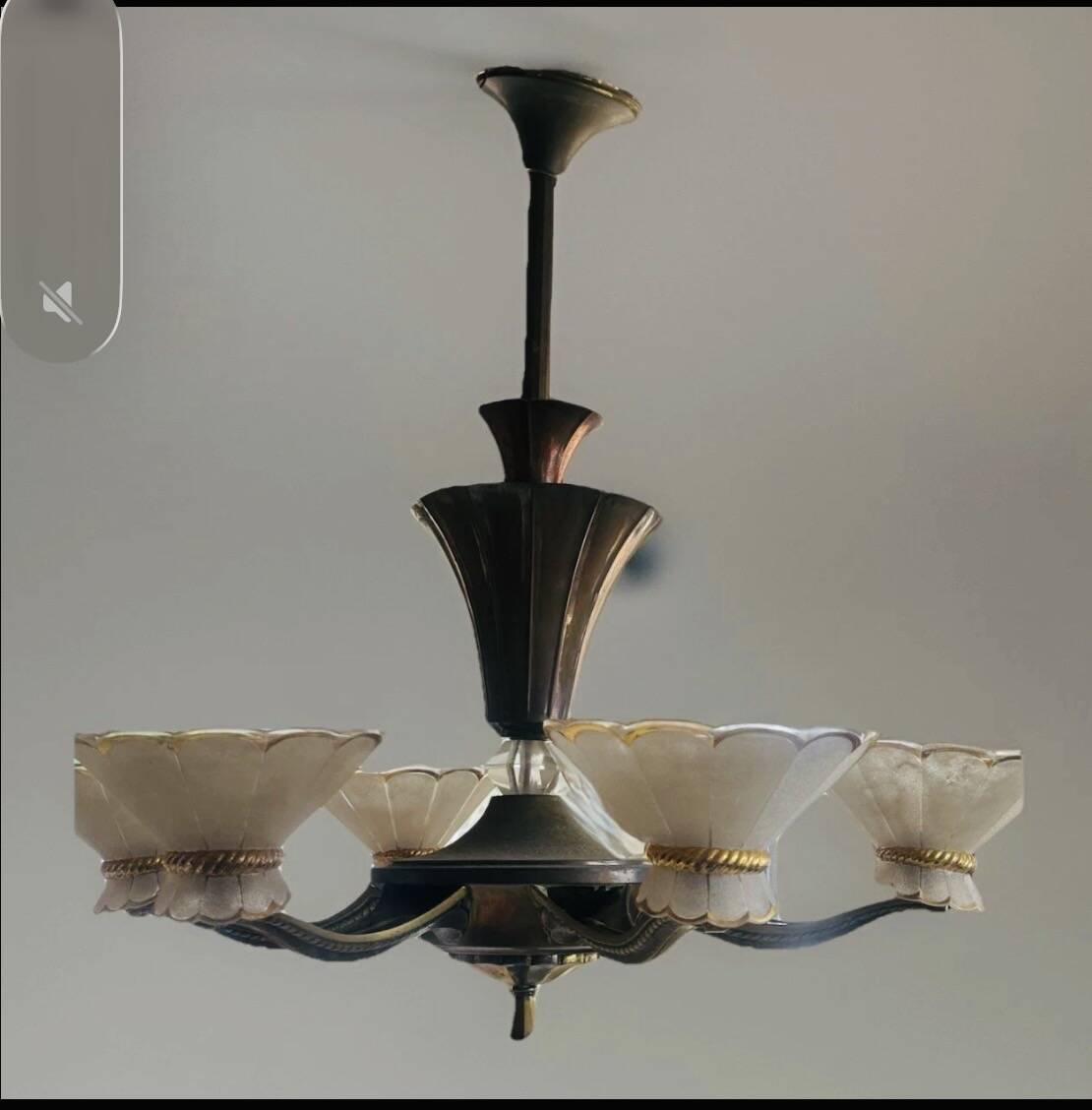 Art Deco Chandelier with Six Lights in Bronze and Frosted Glass, France, 1930s