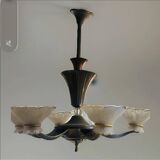 Art Deco Chandelier with Six Lights in Bronze and Frosted Glass, France, 1930s