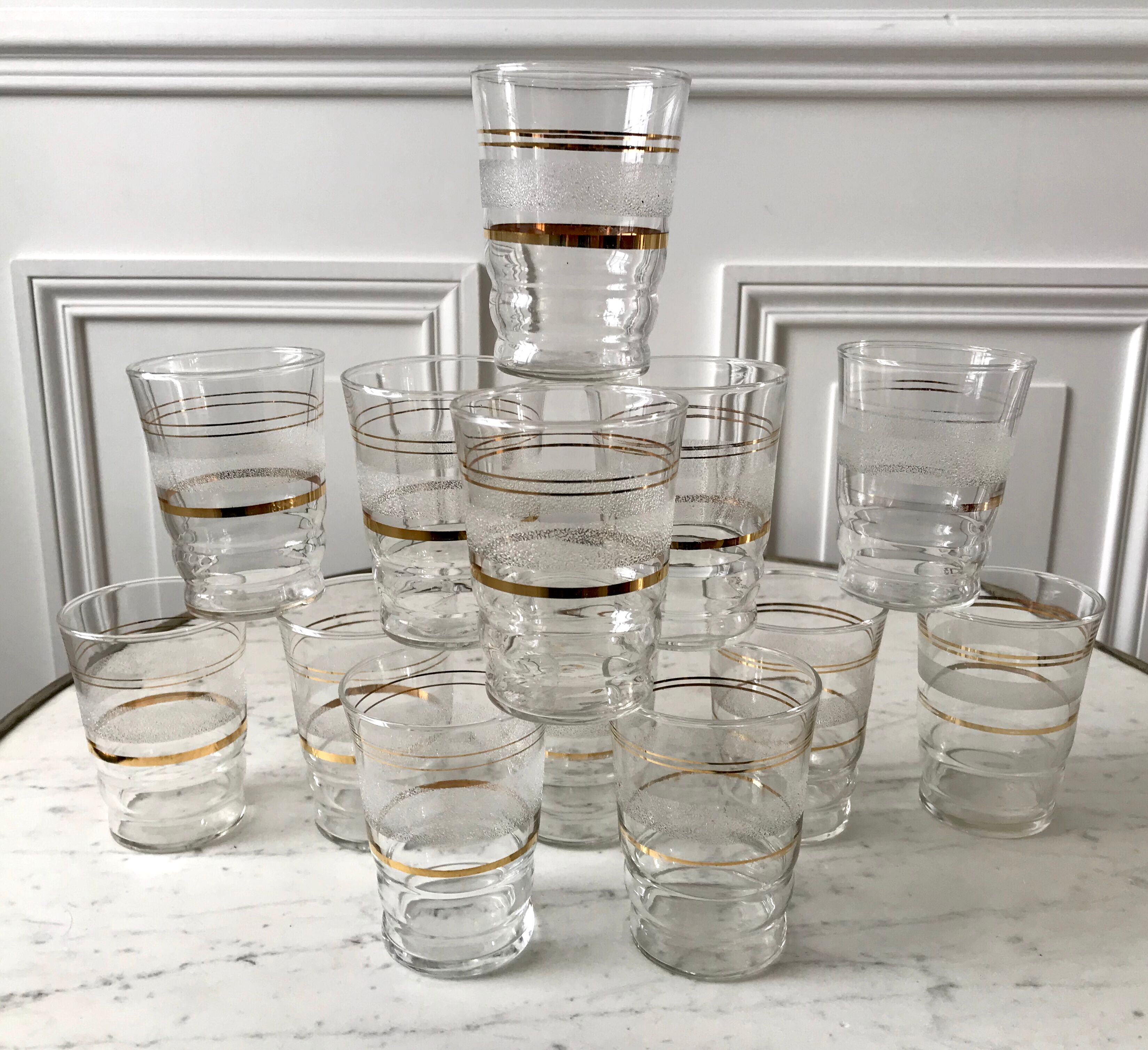 Set of 13 granite water glasses with golden borders 50s-60s