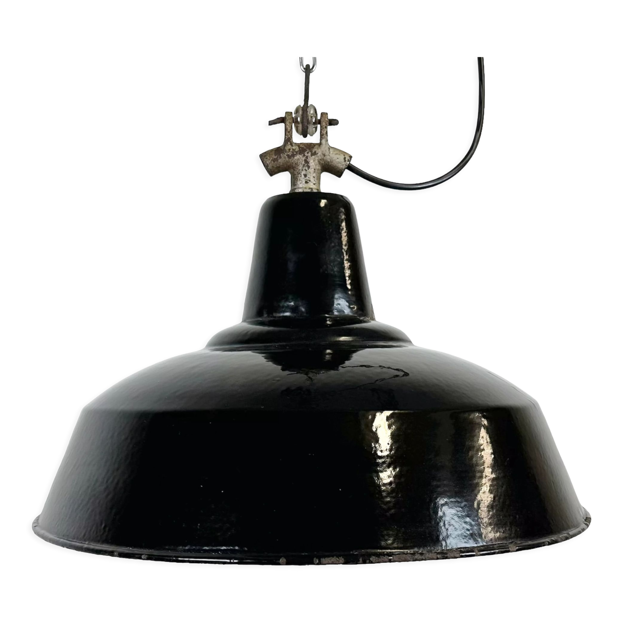 Industrial Black Enamel Factory Lamp with Cast Iron Top, 1950s