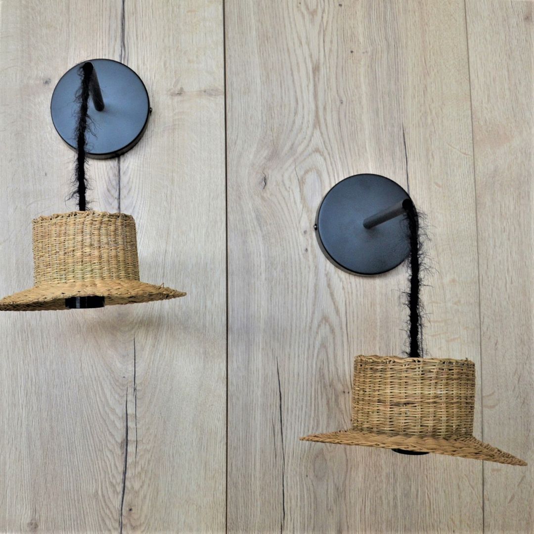 Pair of wall lamps mini straw hat