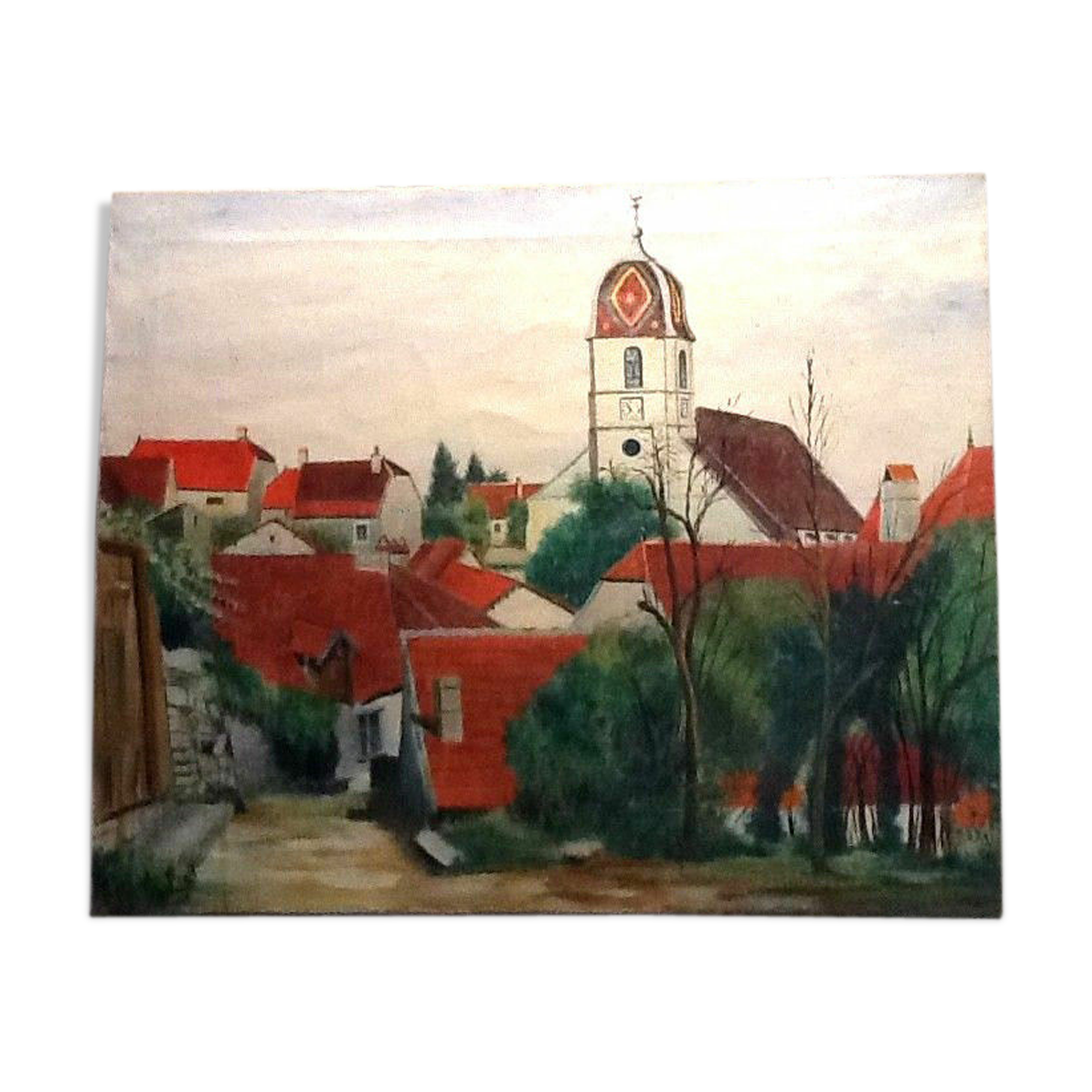 Huile sur toile XIXème village Franc-Comtois Vellexon-Queutrey-et-Vaudey (Haute-Saône)