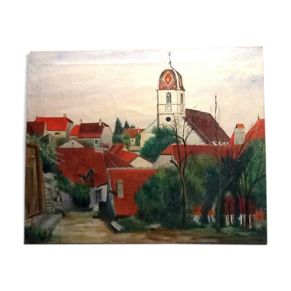 Huile sur toile XIXème village Franc-Comtois Vellexon-Queutrey-et-Vaudey (Haute-Saône)