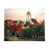 Huile sur toile XIXème village Franc-Comtois Vellexon-Queutrey-et-Vaudey (Haute-Saône)