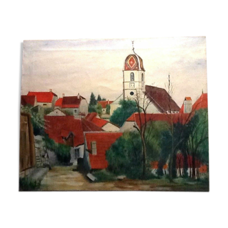 Oil on canvas 19th Village Franc-Comtois Vellexon-Queutrey-et-Vaudey (Haute-Saône)