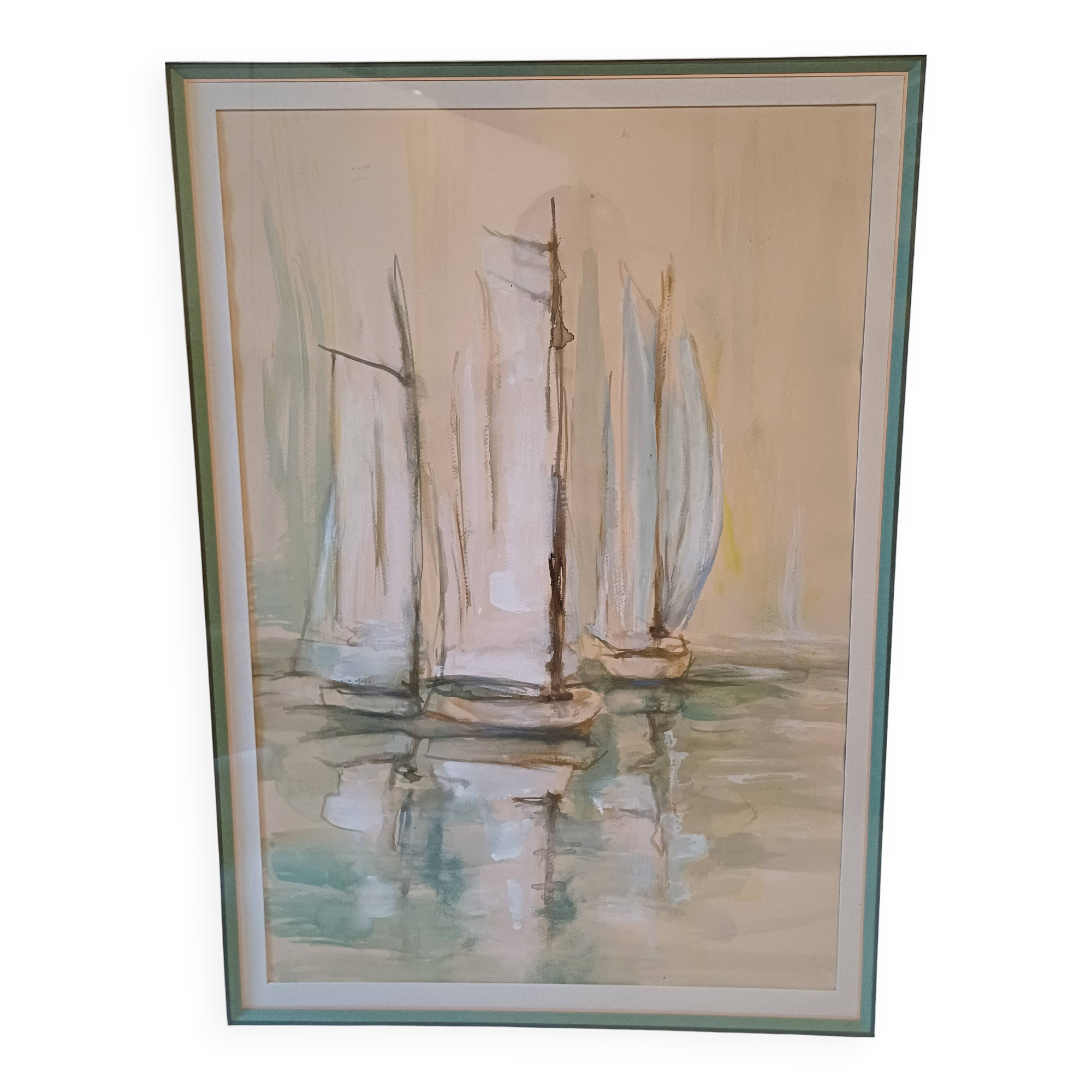 Marine Watercolor with 3 Boats