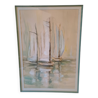 Marine Watercolor with 3 Boats
